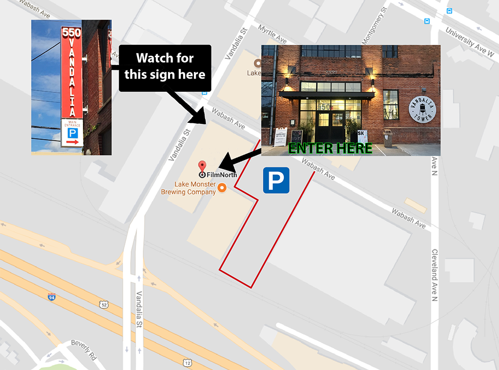 A map of the FilmNorth building at the corner of Vandalia Street and Wabash Ave. Watch for the 550 Vandalia sign and enter at the 550 Vandalia Tower entrance. A parking lot is to the east of the building.