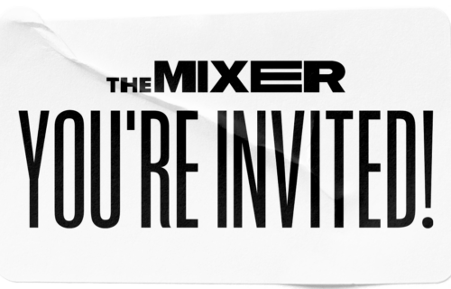 A paper card with a crease with title text "The Mixer - You're Invited!"