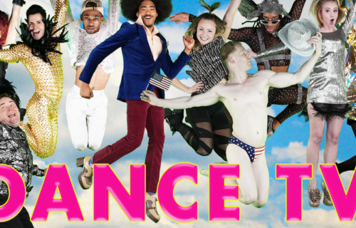 Several diverse people jumping up in front of a background of clouds with the title text "Dance TV".