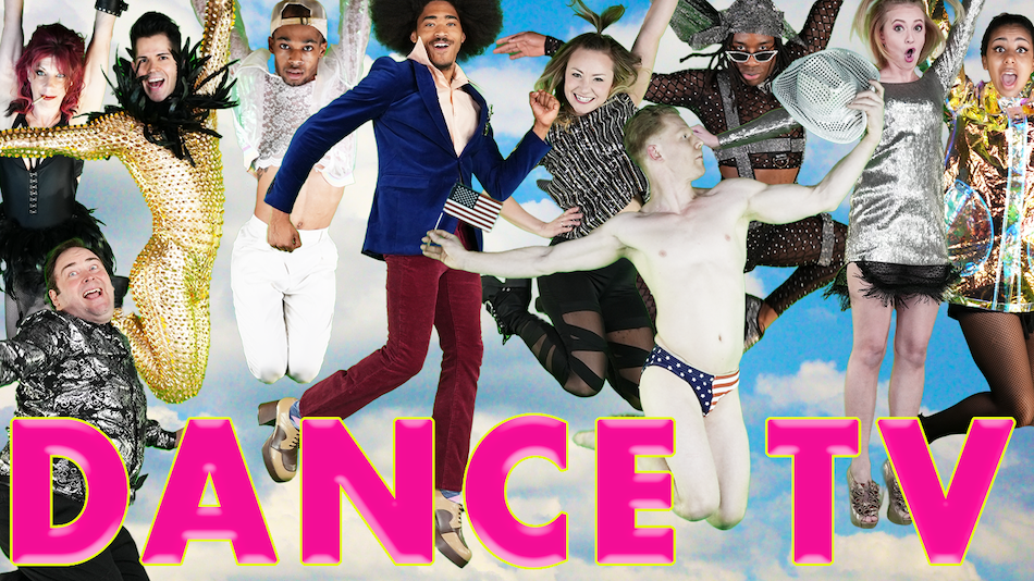 Several diverse people jumping up in front of a background of clouds with the title text "Dance TV".