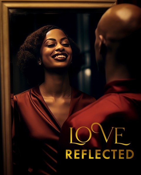 A man looking into a mirror that is reflecting a woman smiling. Title text "Love Reflected"