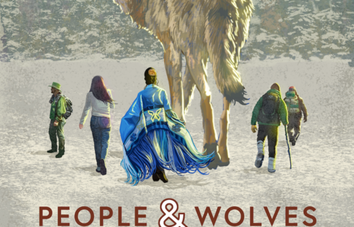 Several people walking in the snow alongside a larger than life wolf. Title text "People & Wolves - A story of coexistence"